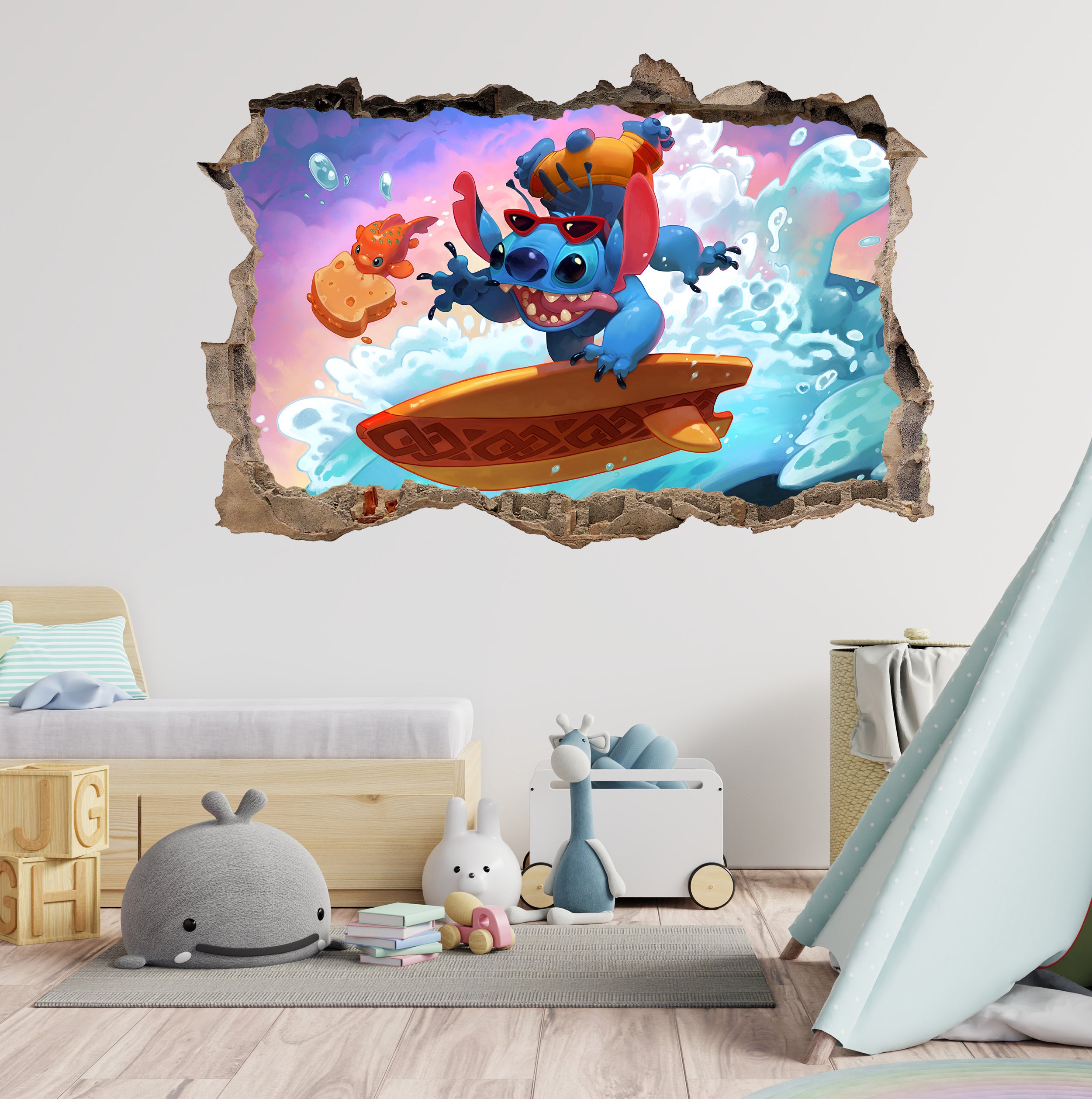 Stitch Surfing 3D Smashed Wall Decal Removable Sticker Art Decor STCH19