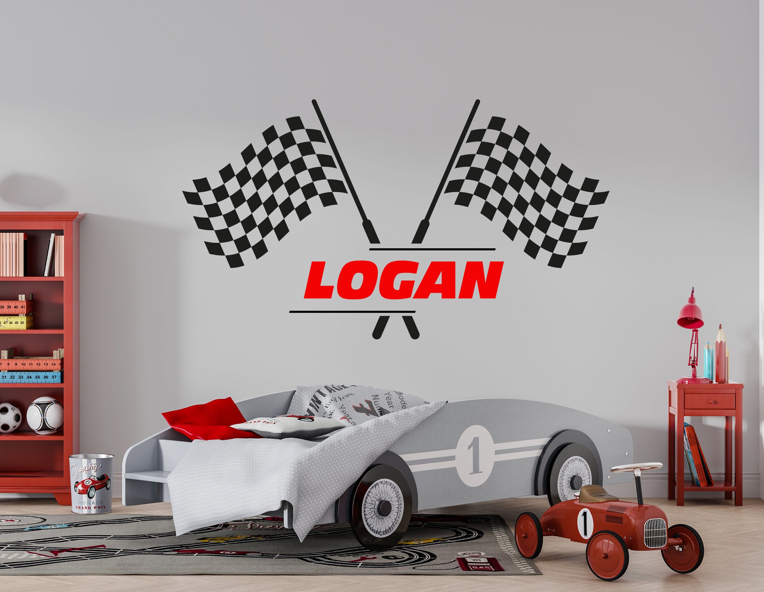 Flags Name Wall Sticker Racing Checkered Flag Stickers for Kids  Personalized Custom Name Decal