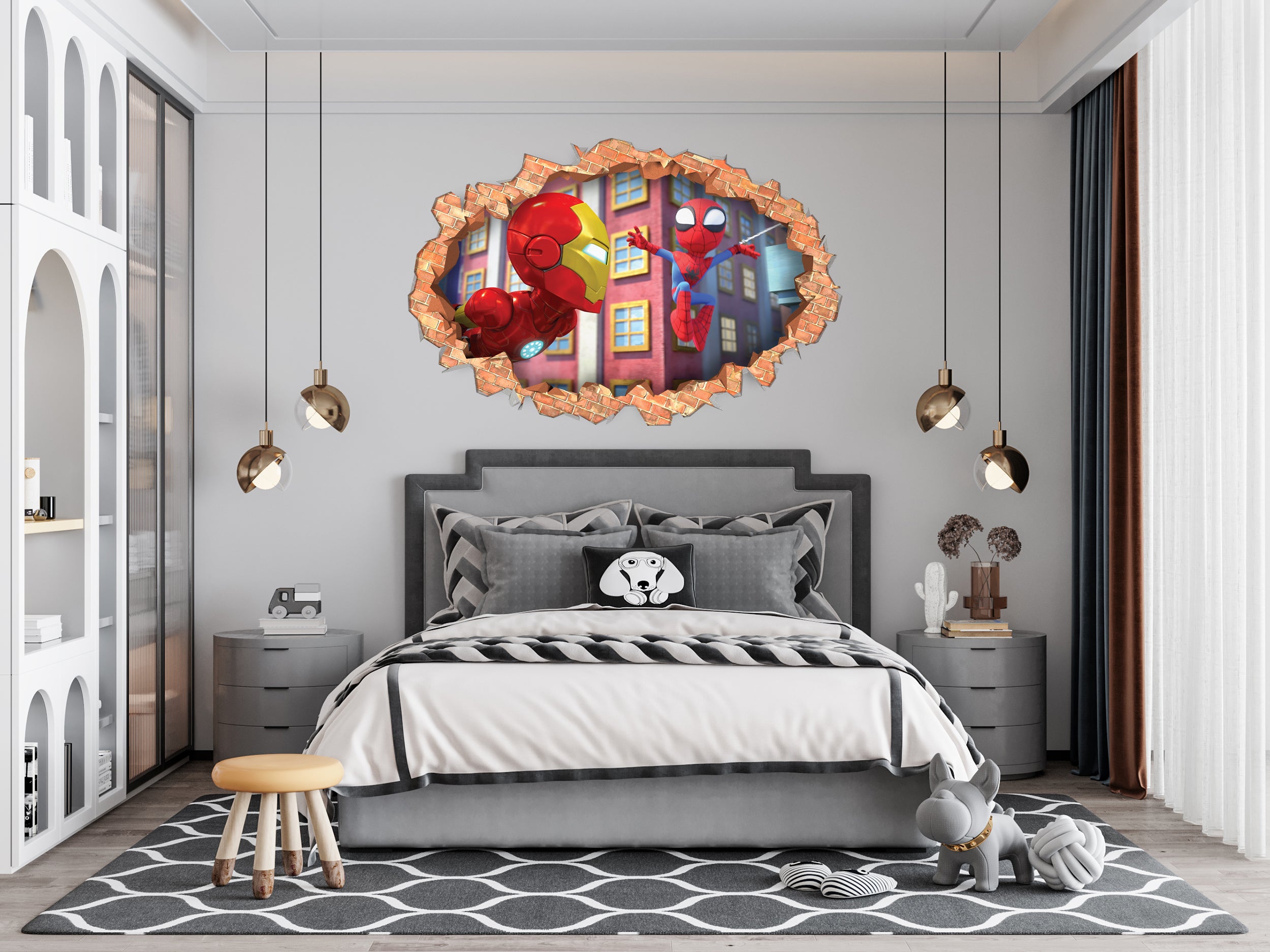 Spidey And His Amazing Friends Wall Sticker 3D Brick Wall Smashed Hole Effect Decal