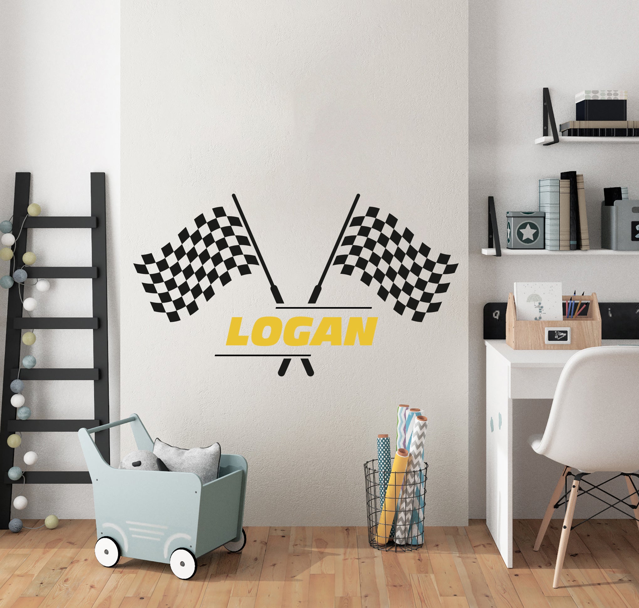Flags Name Wall Sticker Racing Checkered Flag Stickers for Kids  Personalized Custom Name Decal