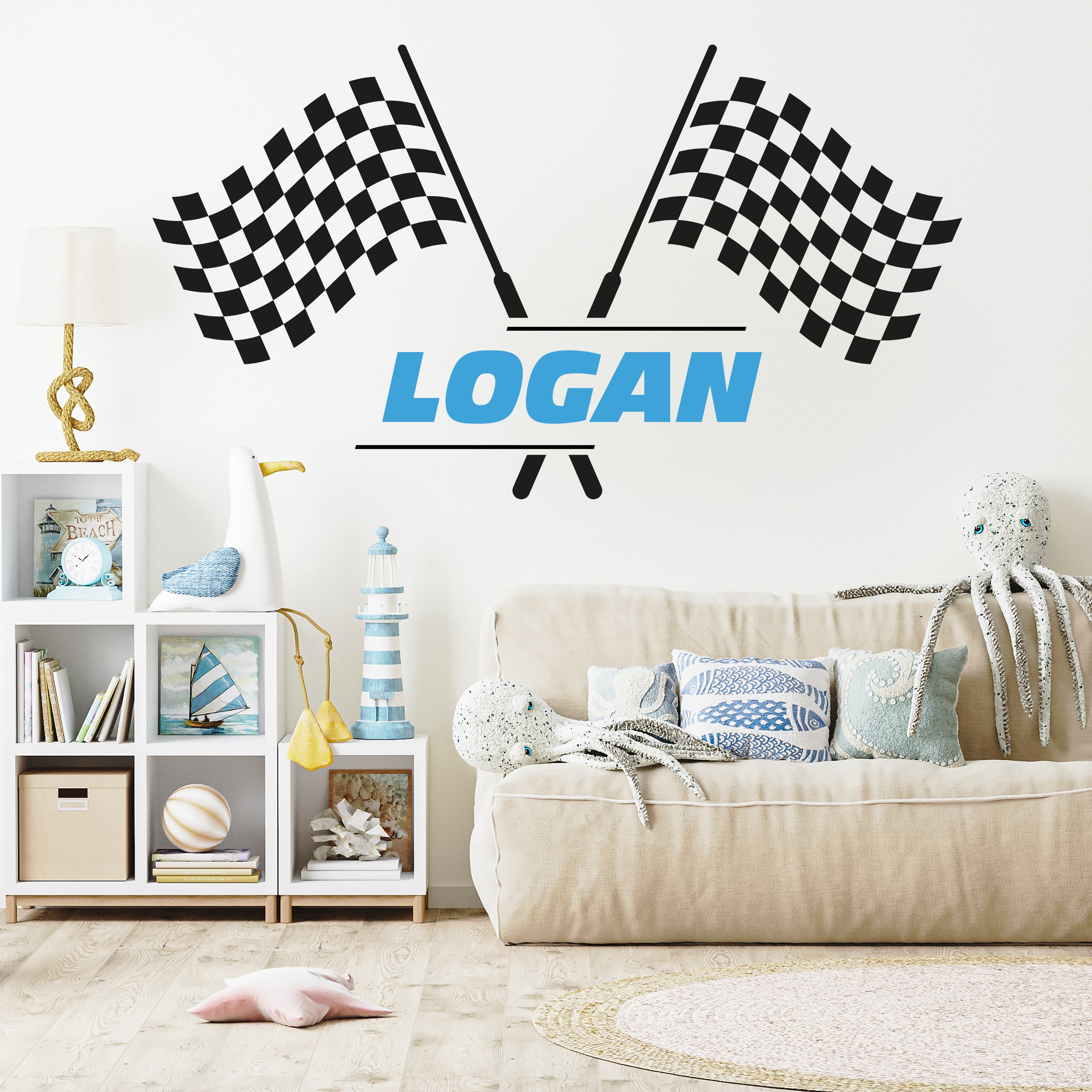 Flags Name Wall Sticker Racing Checkered Flag Stickers for Kids  Personalized Custom Name Decal