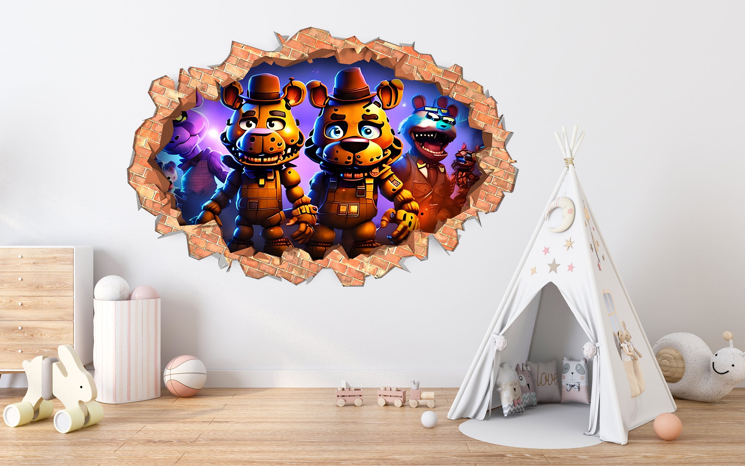 Five Nights At Freddy's Wall Sticker 3D Brick Wall Smashed Hole Effect Decal