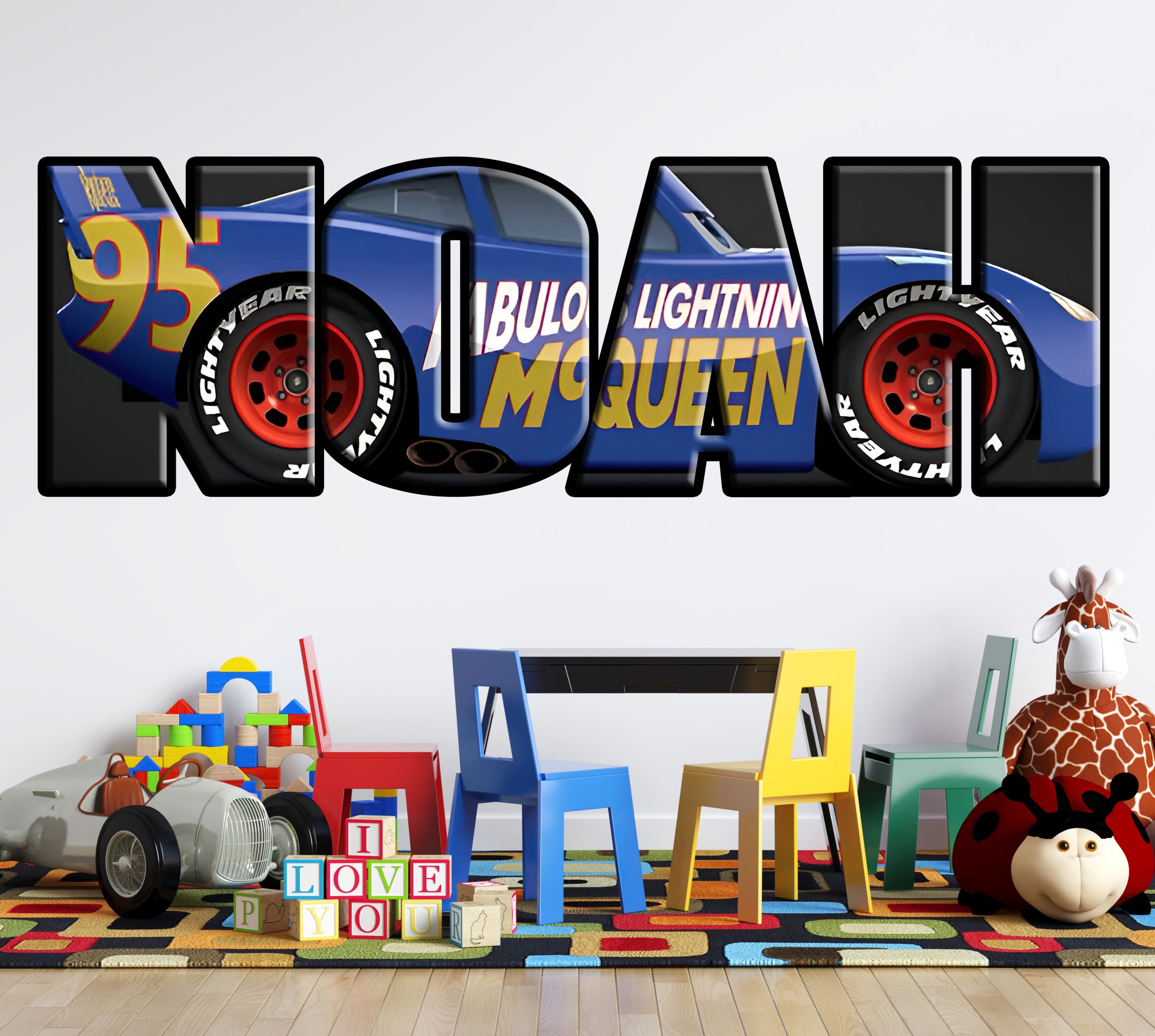 Disney Cars Blue Mcqueen Personalized Name Wall Sticker Removable Decal Custom Decor Art CMO15