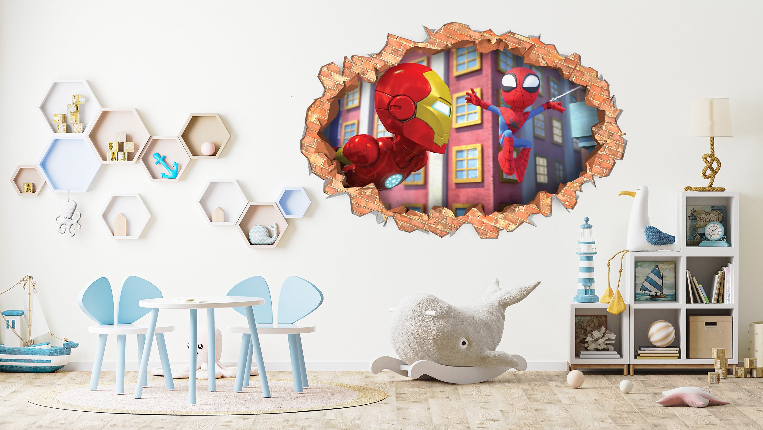 Spidey And His Amazing Friends Wall Sticker 3D Brick Wall Smashed Hole Effect Decal