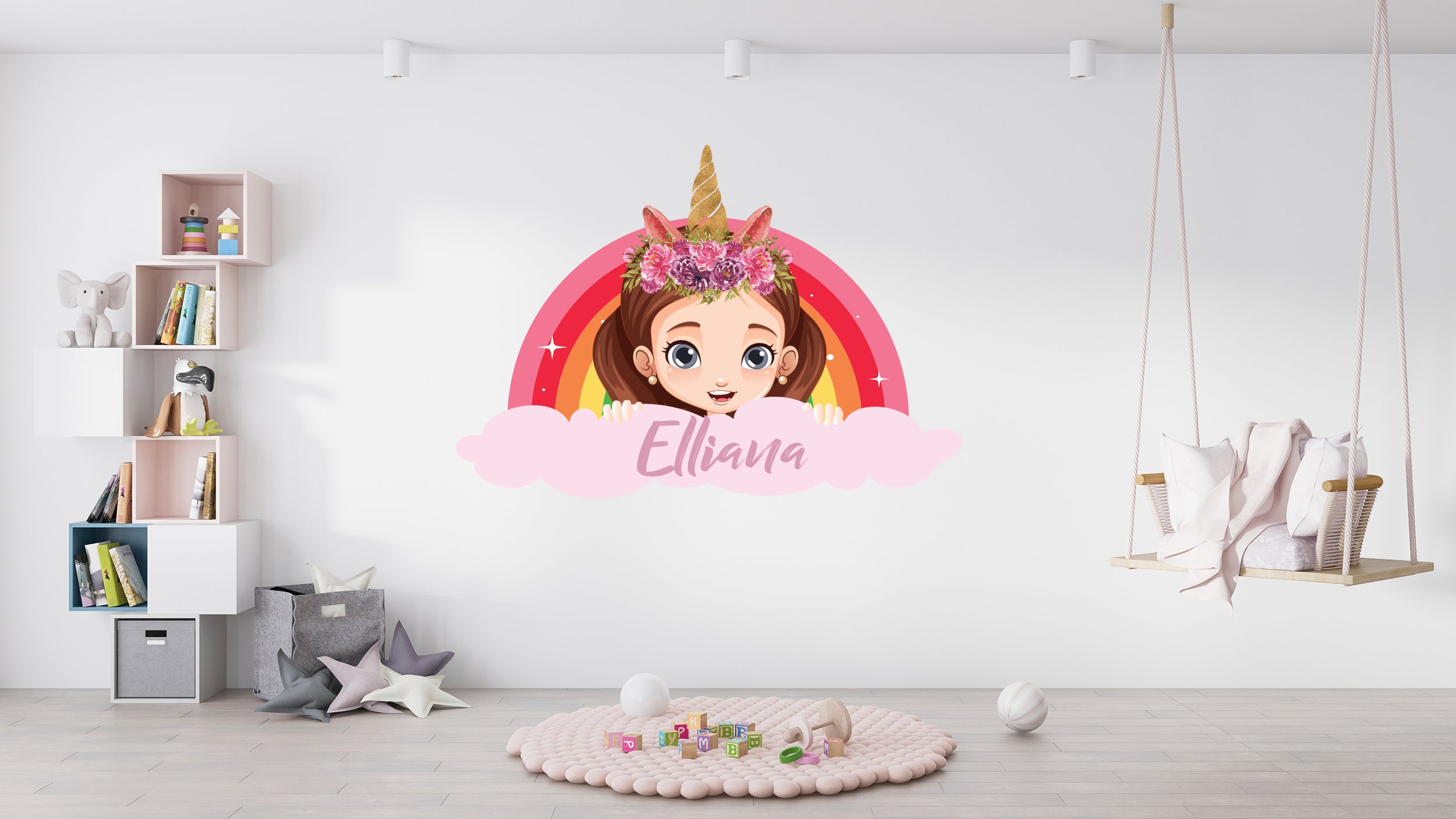 Girls Unicorn & Rainbow Personalized Decals Wall Sticker Decor Art Mural Kids Children Room Mural E81