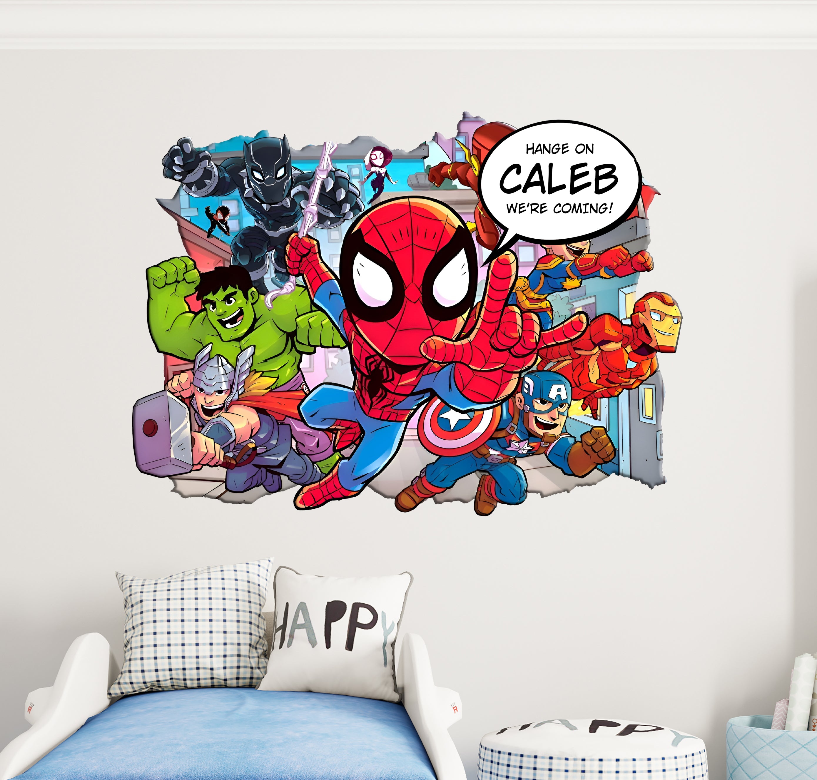 Personalized Spider-man Avengers Superhero Comics Text Wall Stickers Custom Name Children's Popular Characters Room Decorations Removable Decal Home Decor Art AVG05