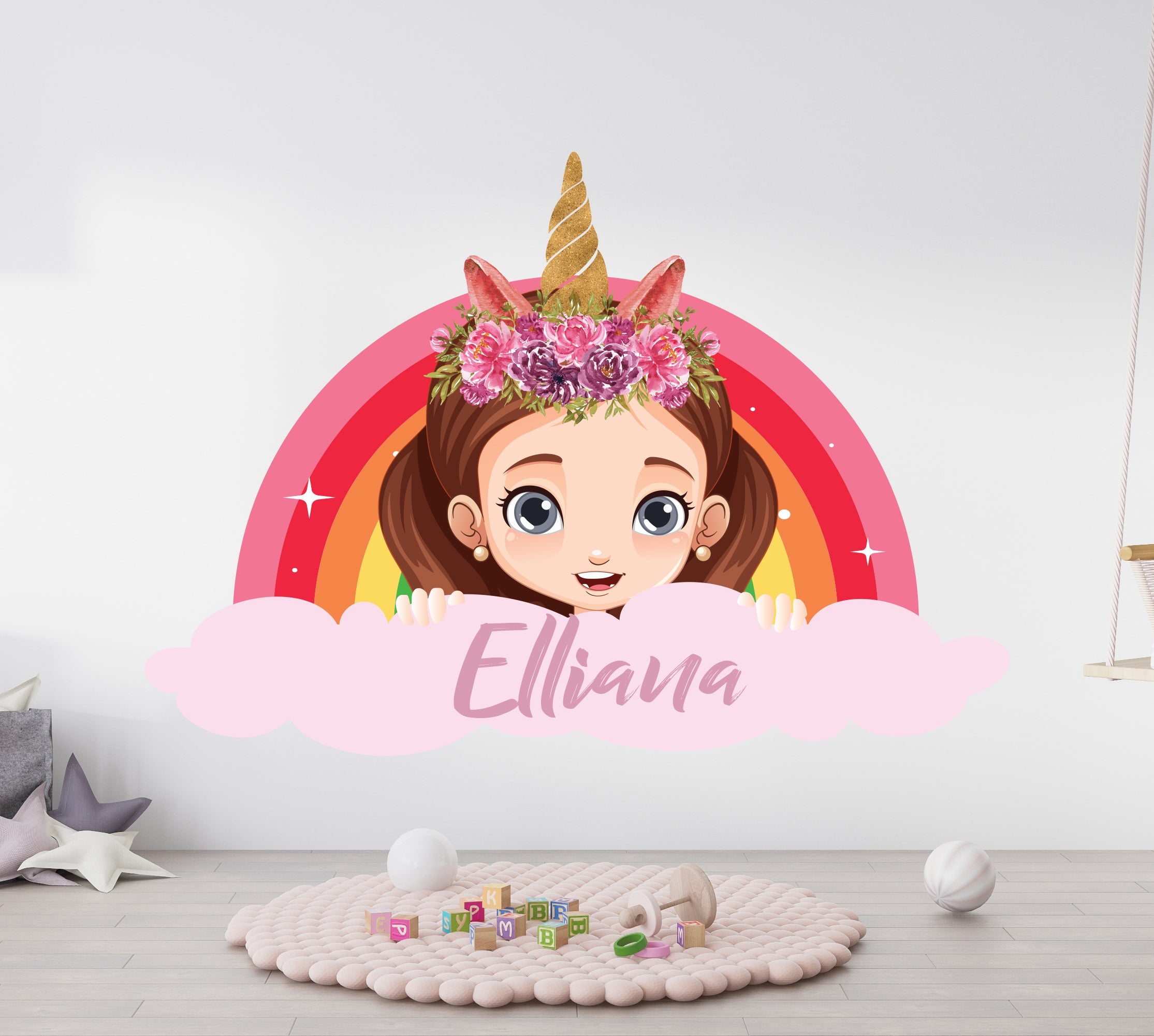 Girls Unicorn & Rainbow Personalized Decals Wall Sticker Decor Art Mural Kids Children Room Mural E81