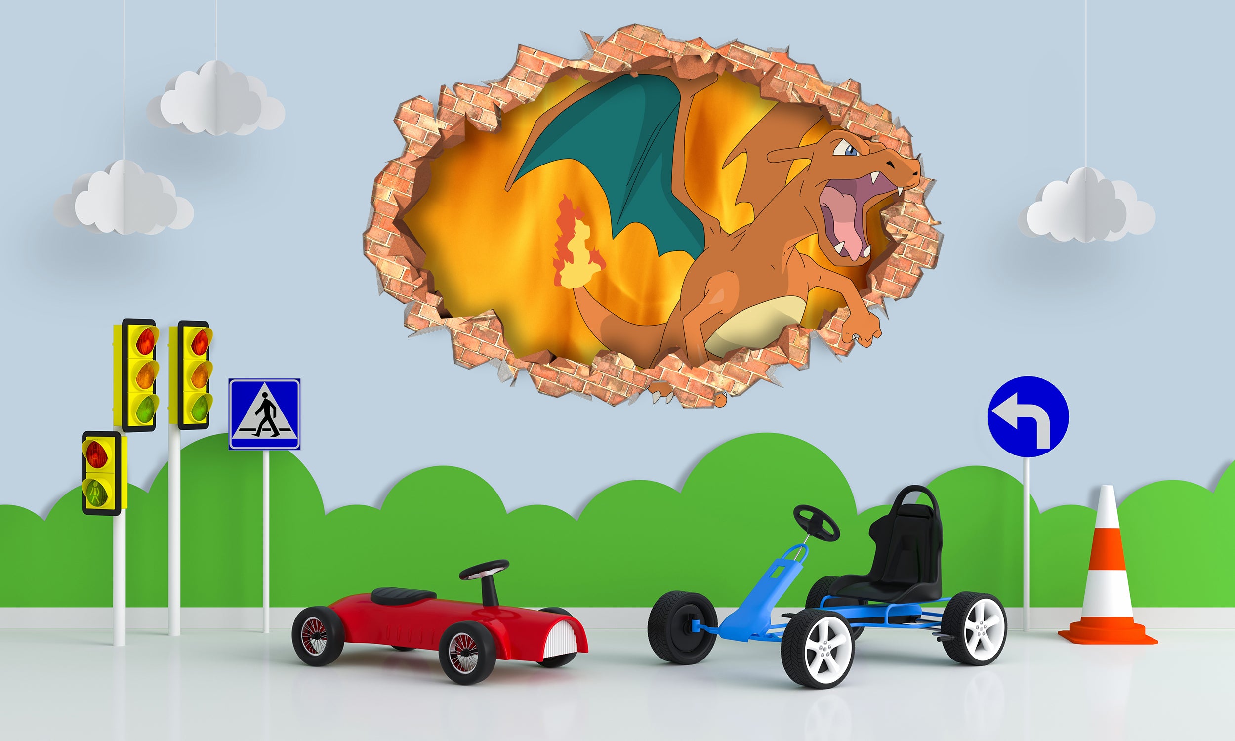 Charizard Pokemon Wall Sticker 3D Brick Wall Smashed Hole Effect Decal