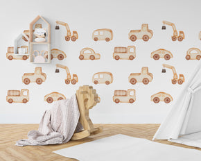 Wooden Cars and Trucks Wall Decals - Nursery Decor, Watercolor Wall Art Wall Stickers