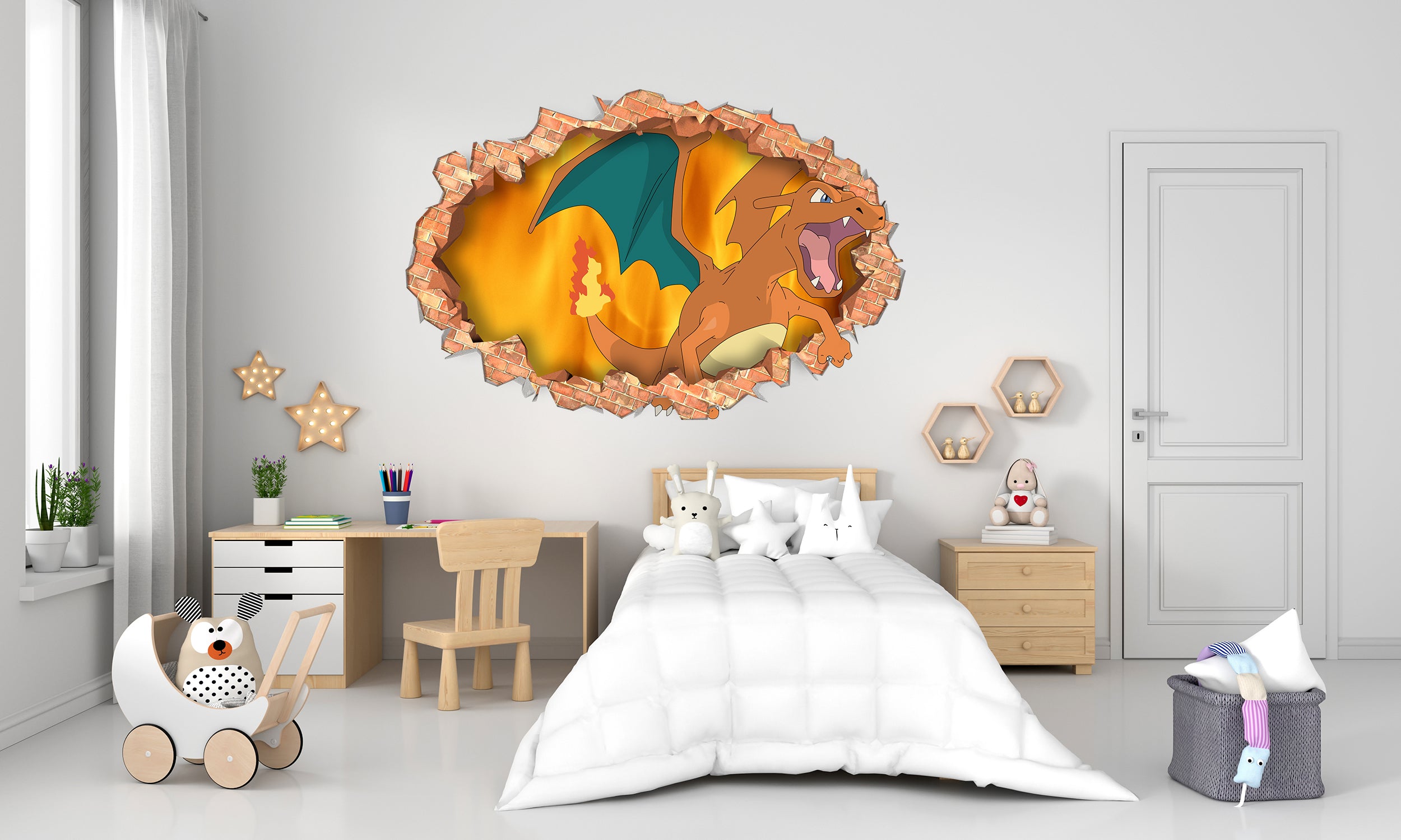 Charizard Pokemon Wall Sticker 3D Brick Wall Smashed Hole Effect Decal