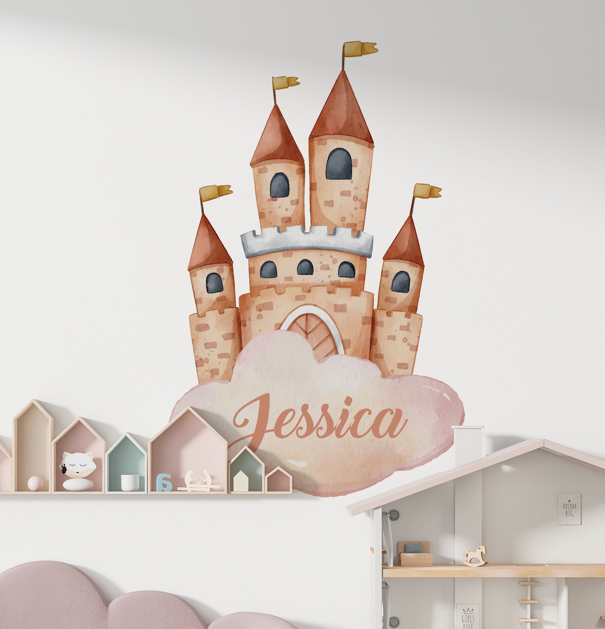 Princess Castle Earth-Tone Personalized Custom Name Wall Sticker Decal Vinyl Mural
