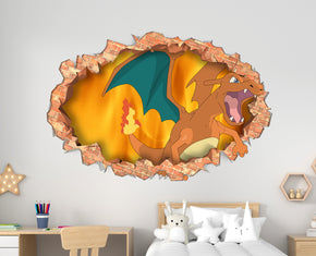 Charizard Pokemon Wall Sticker 3D Brick Wall Smashed Hole Effect Decal