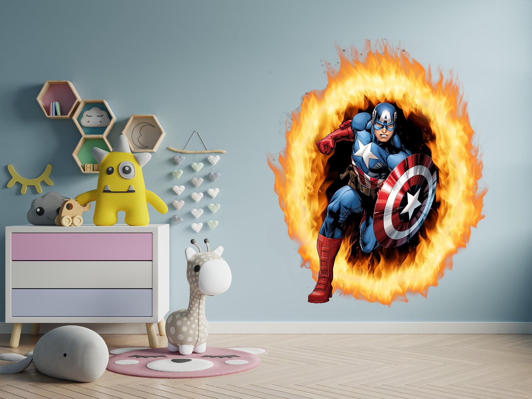 Captain America 3D Ring Of Fire Effect Wall Sticker Super Hero Decal WC407