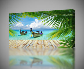 Exotic Beach Docking Boats Canvas Print Giclee