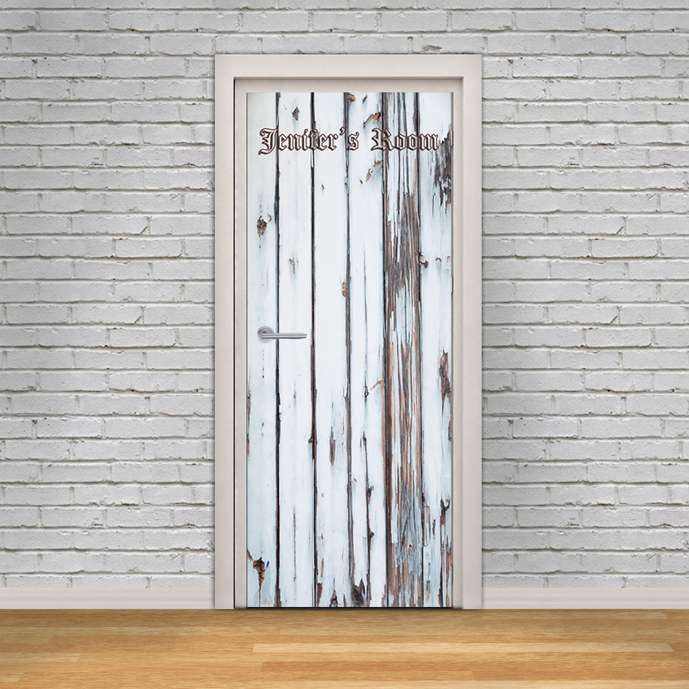 White Wood Planks Personalized Name DOOR WRAP Decal Removable Sticker D183