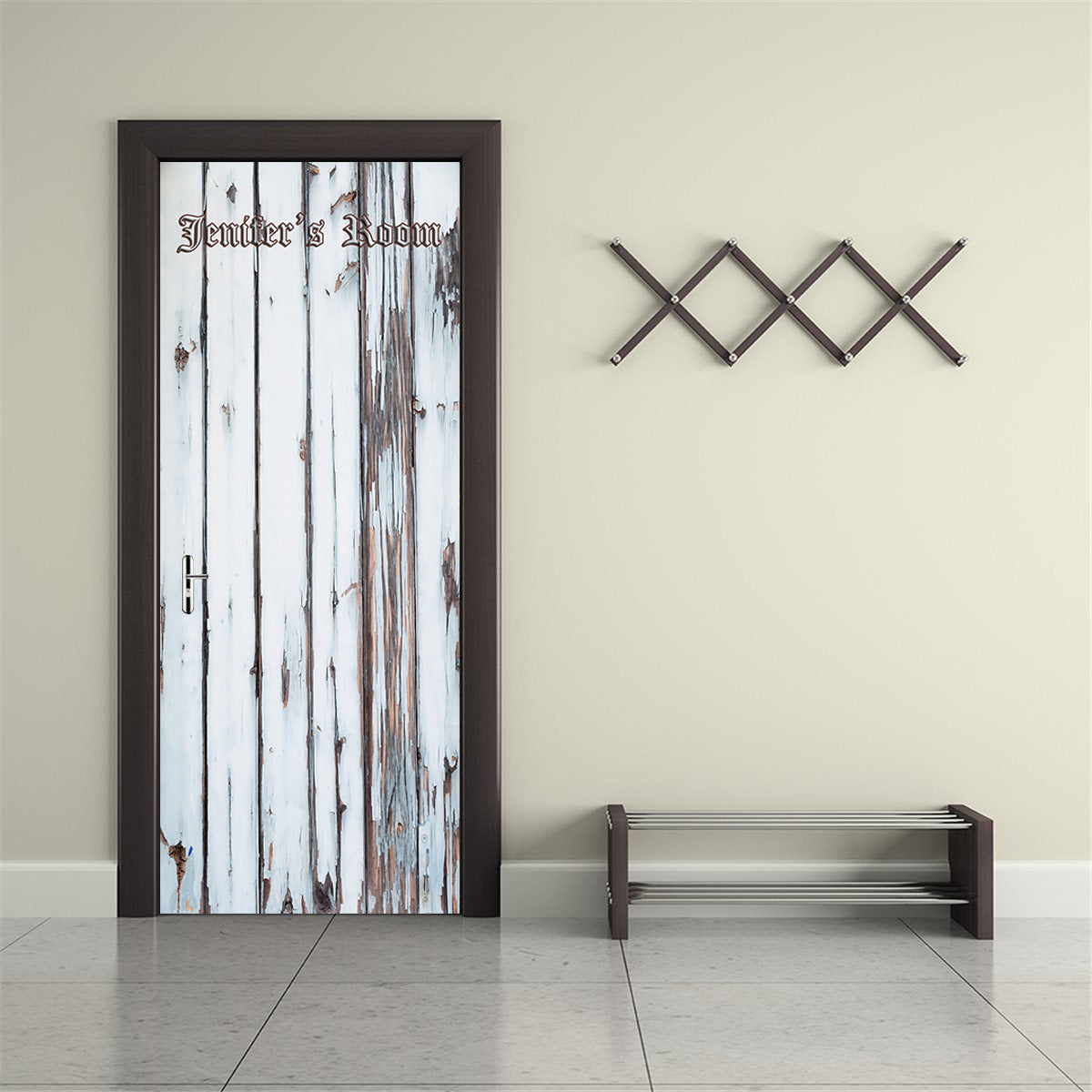 White Wood Planks Personalized Name DOOR WRAP Decal Removable Sticker D183