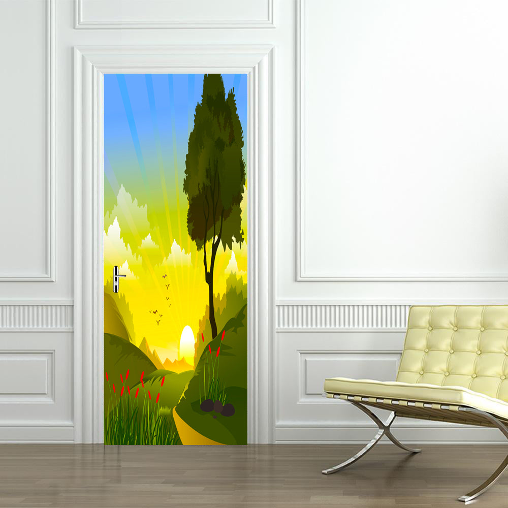 Green Sunset Landscape DIY DOOR WRAP Decal Removable Sticker D186