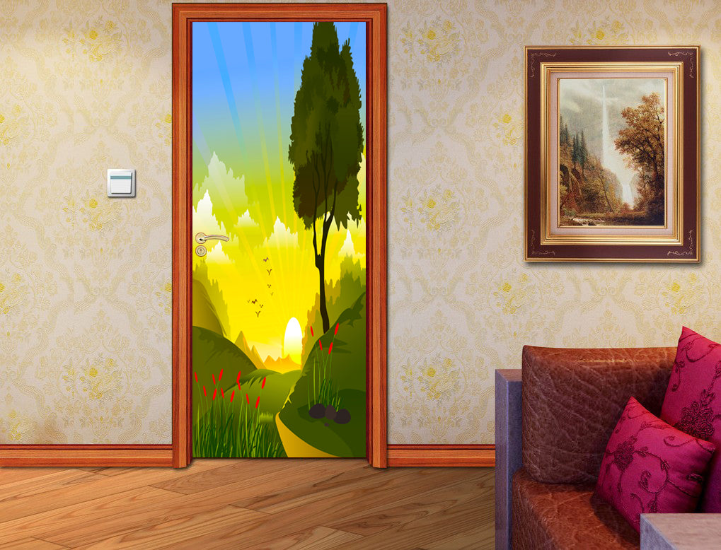 Green Sunset Landscape DIY DOOR WRAP Decal Removable Sticker D186