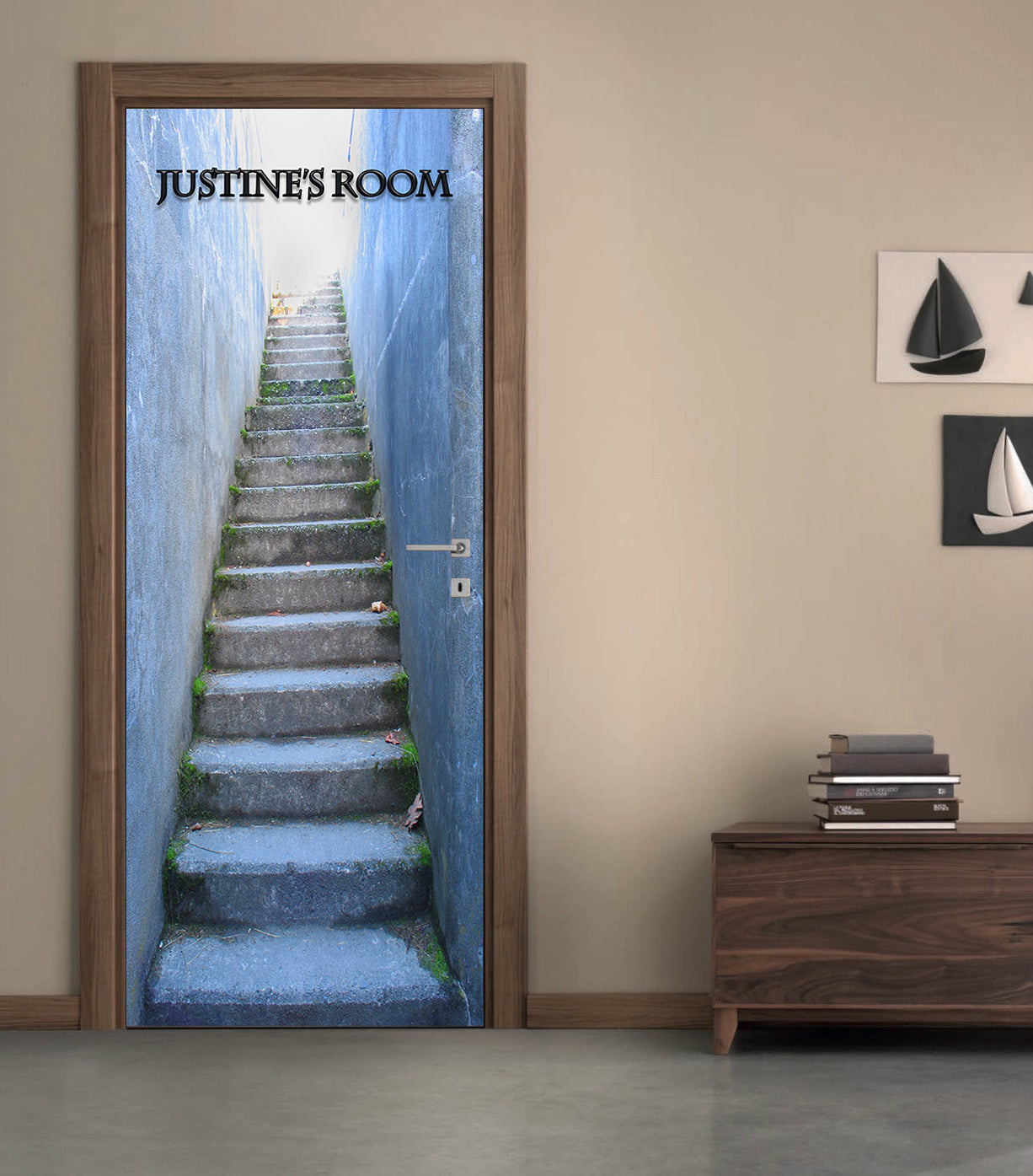 Stairway Illusion Personalized Name DOOR WRAP Decal Removable Sticker D214