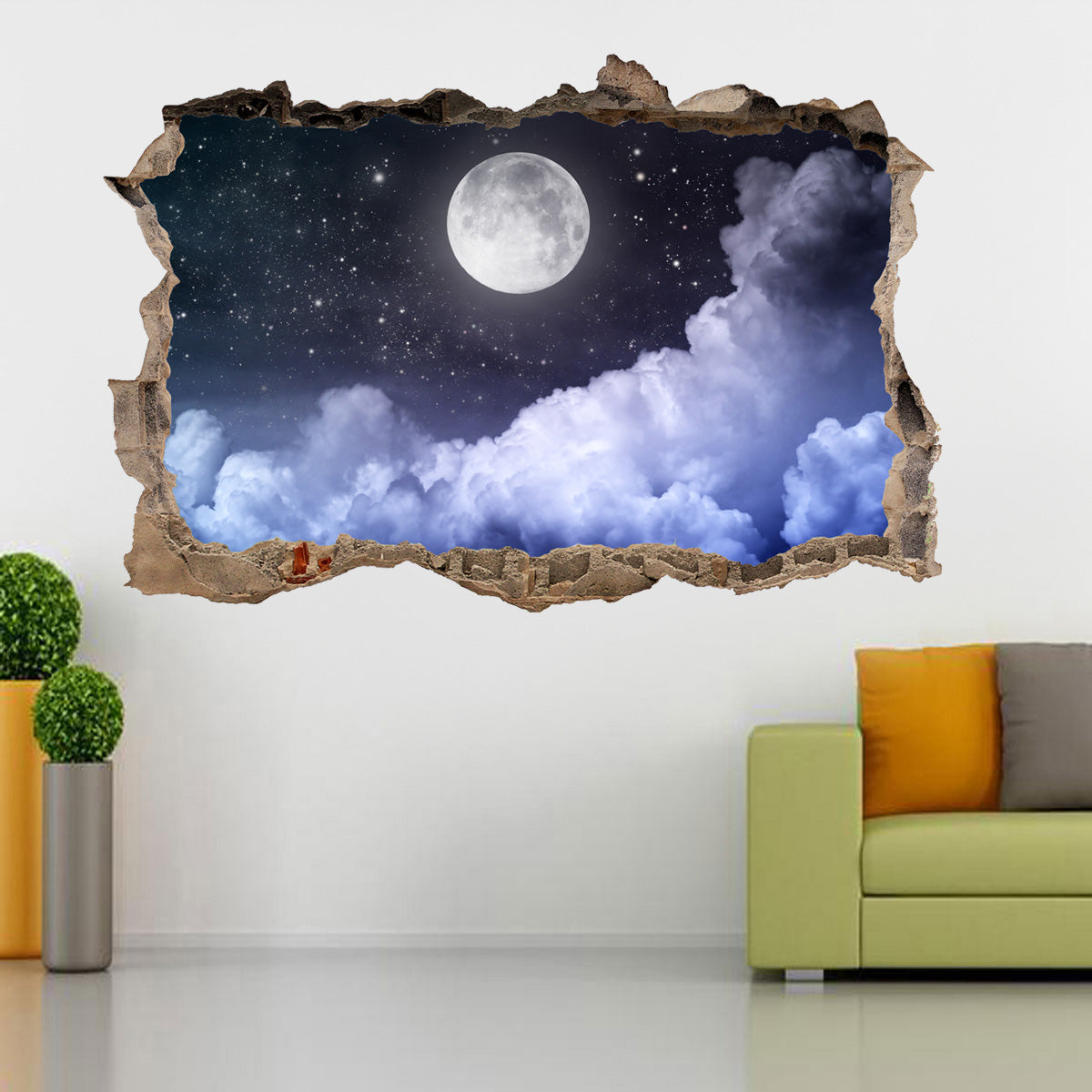 Full Moon Stary Night 3D Smashed Broken Decal Wall Sticker H168
