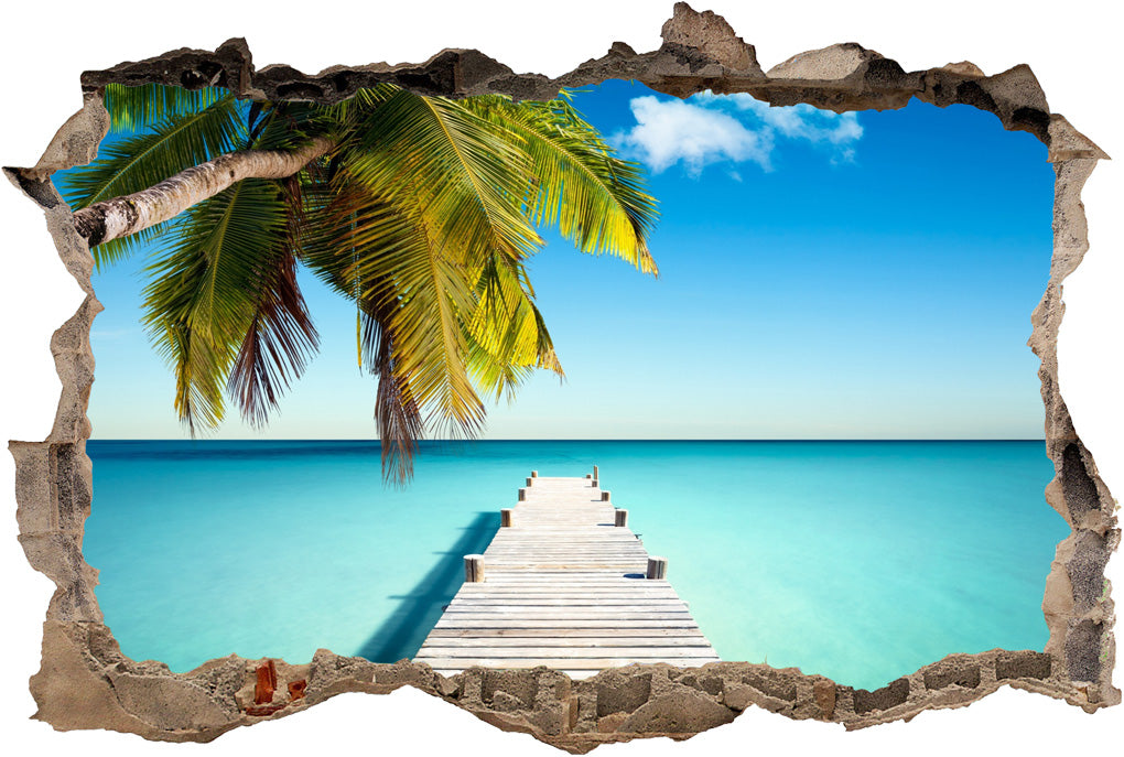 Palm Tree Beach 3D Smashed Broken Decal Wall Sticker