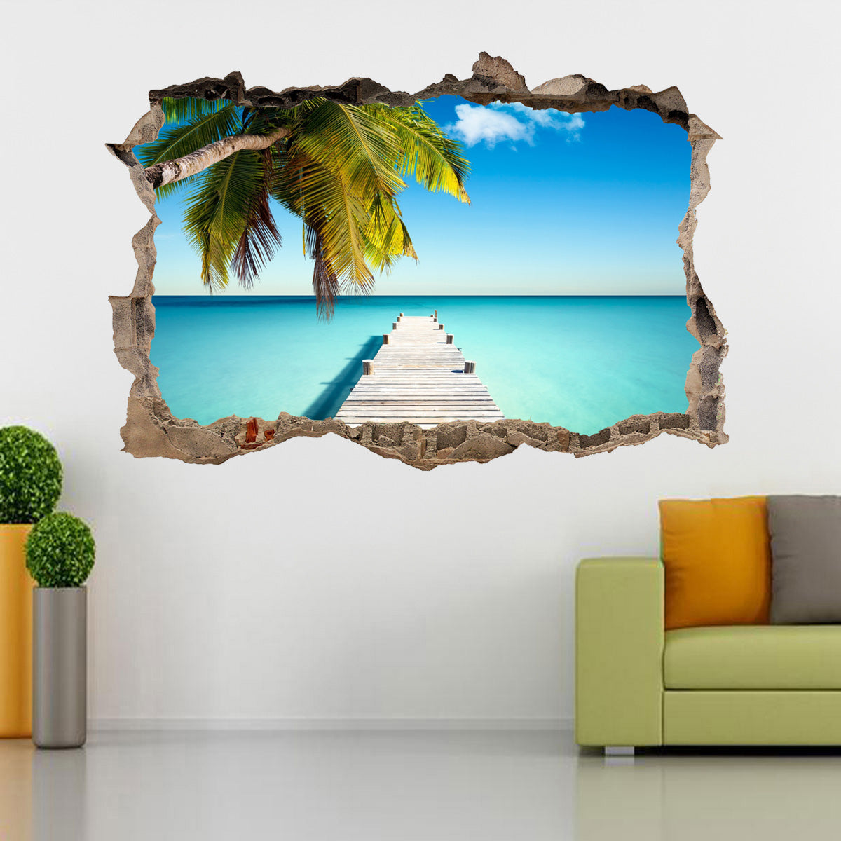 Palm Tree Beach 3D Smashed Broken Decal Wall Sticker