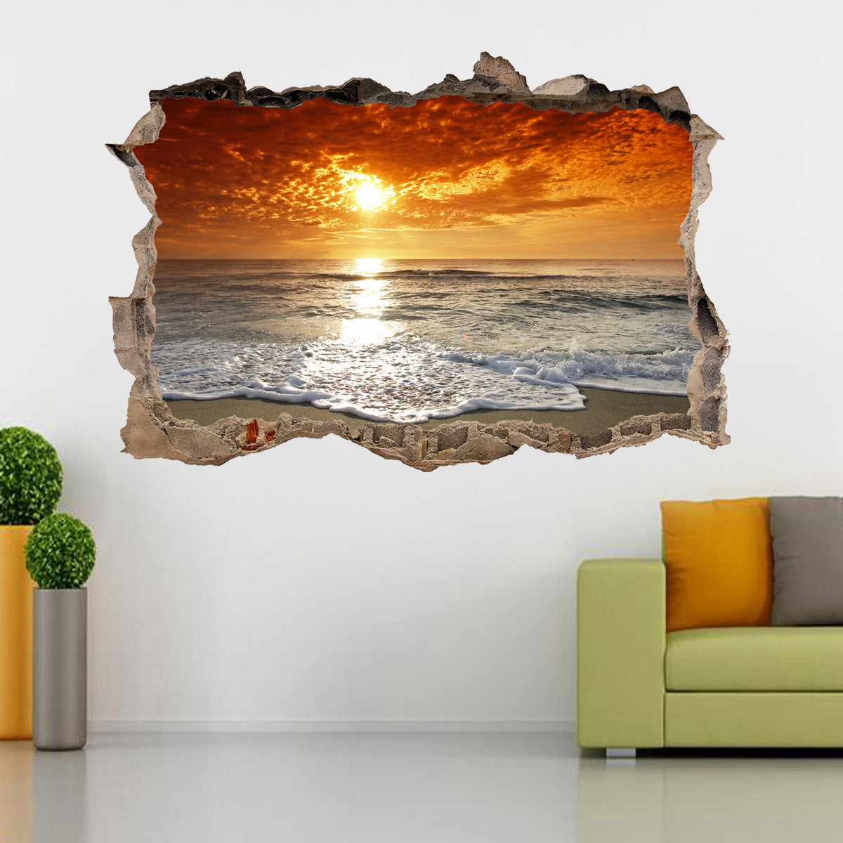 SUNSET BEACH 3D Smashed Broken Decal Wall Sticker