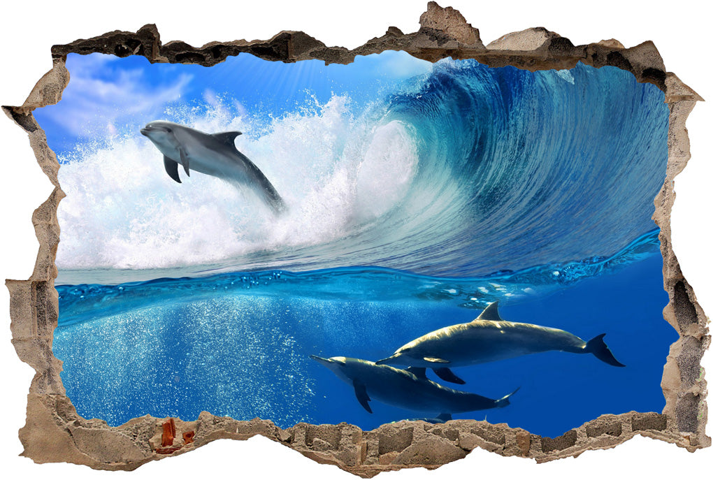 SURFING DOLPHINS 3D Smashed Broken Decal Wall Sticker