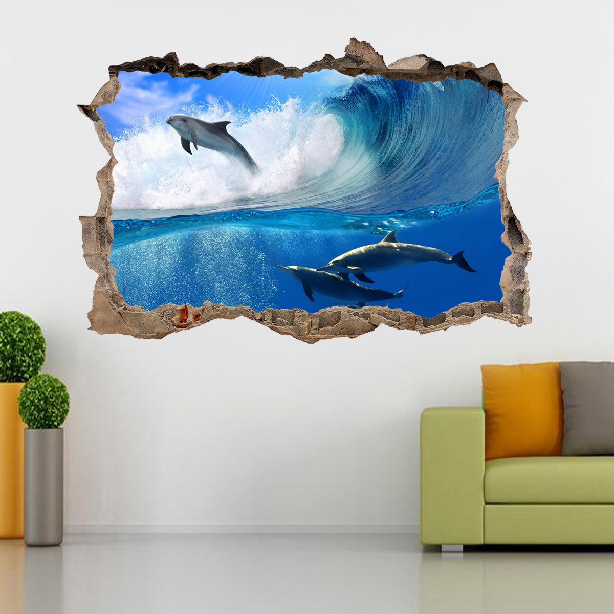 SURFING DOLPHINS 3D Smashed Broken Decal Wall Sticker