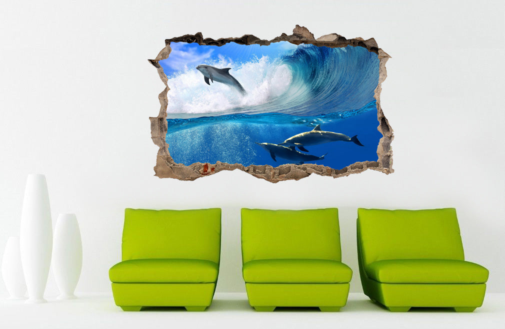 SURFING DOLPHINS 3D Smashed Broken Decal Wall Sticker