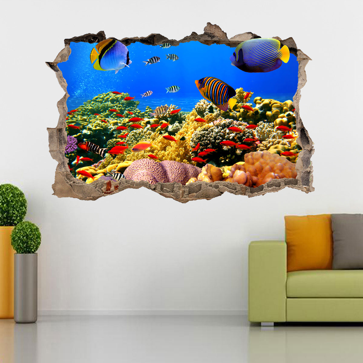 Underwater Tropical Coral Reef 3D Smashed Broken Decal Wall Sticker