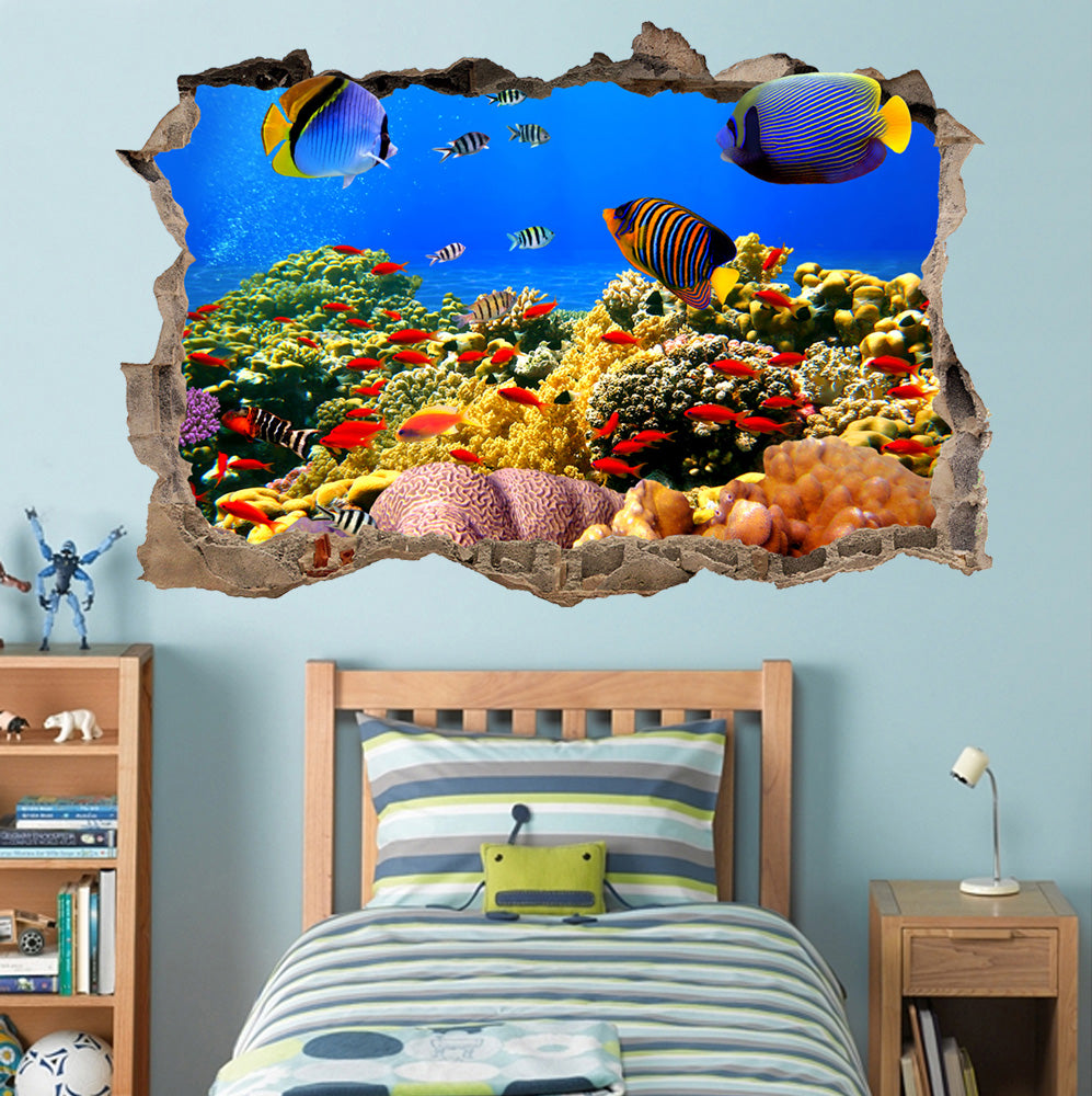Underwater Tropical Coral Reef 3D Smashed Broken Decal Wall Sticker