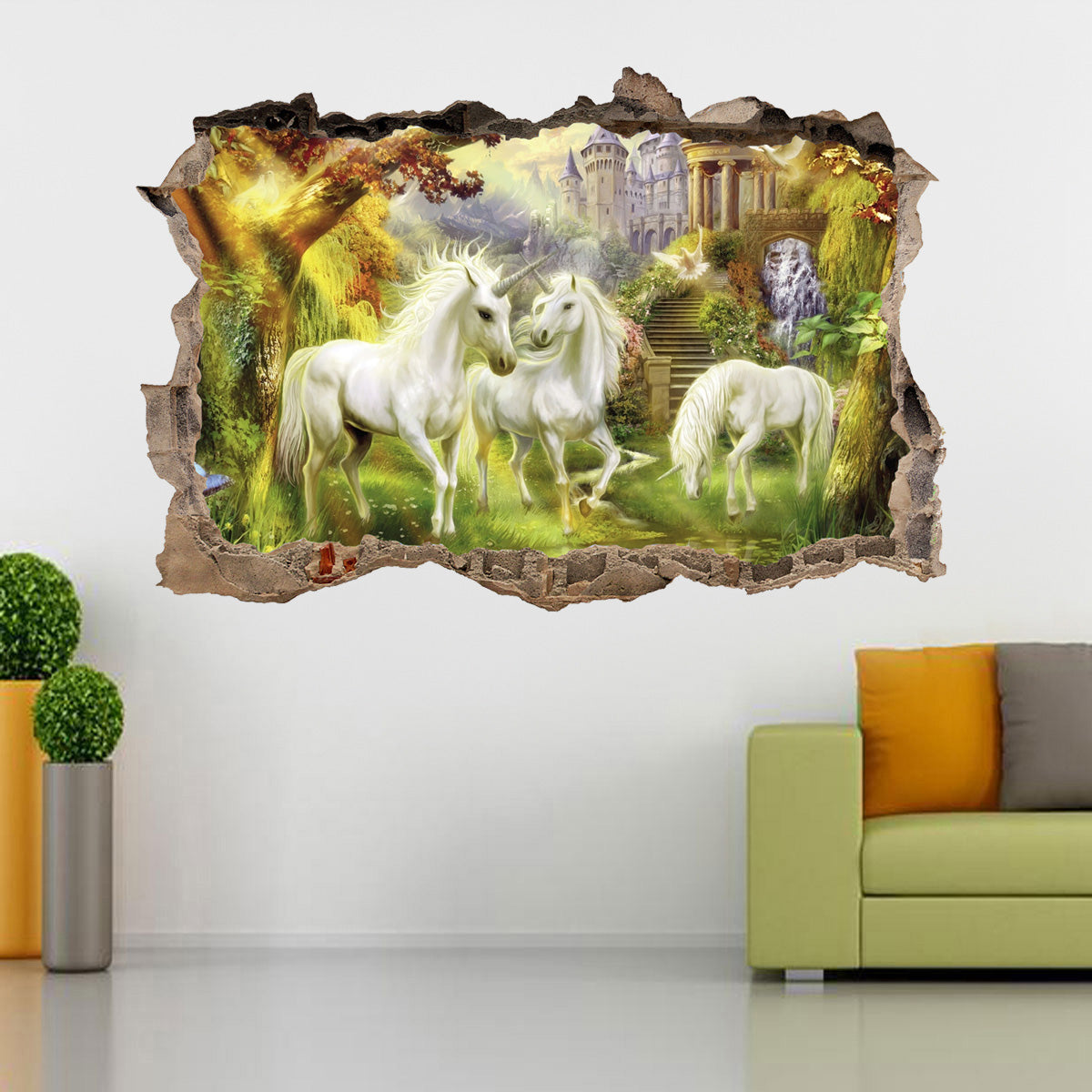 UNICORN GARDEN FANTASY 3D Smashed Broken Decal Wall Sticker