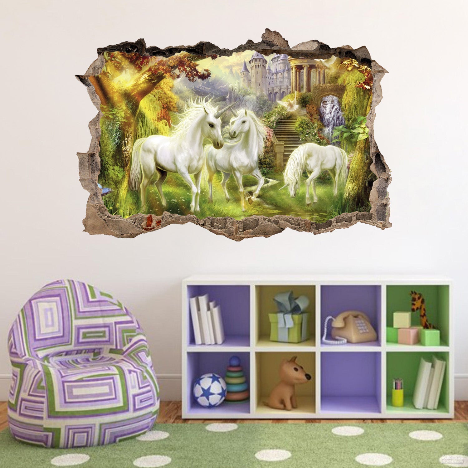 UNICORN GARDEN FANTASY 3D Smashed Broken Decal Wall Sticker