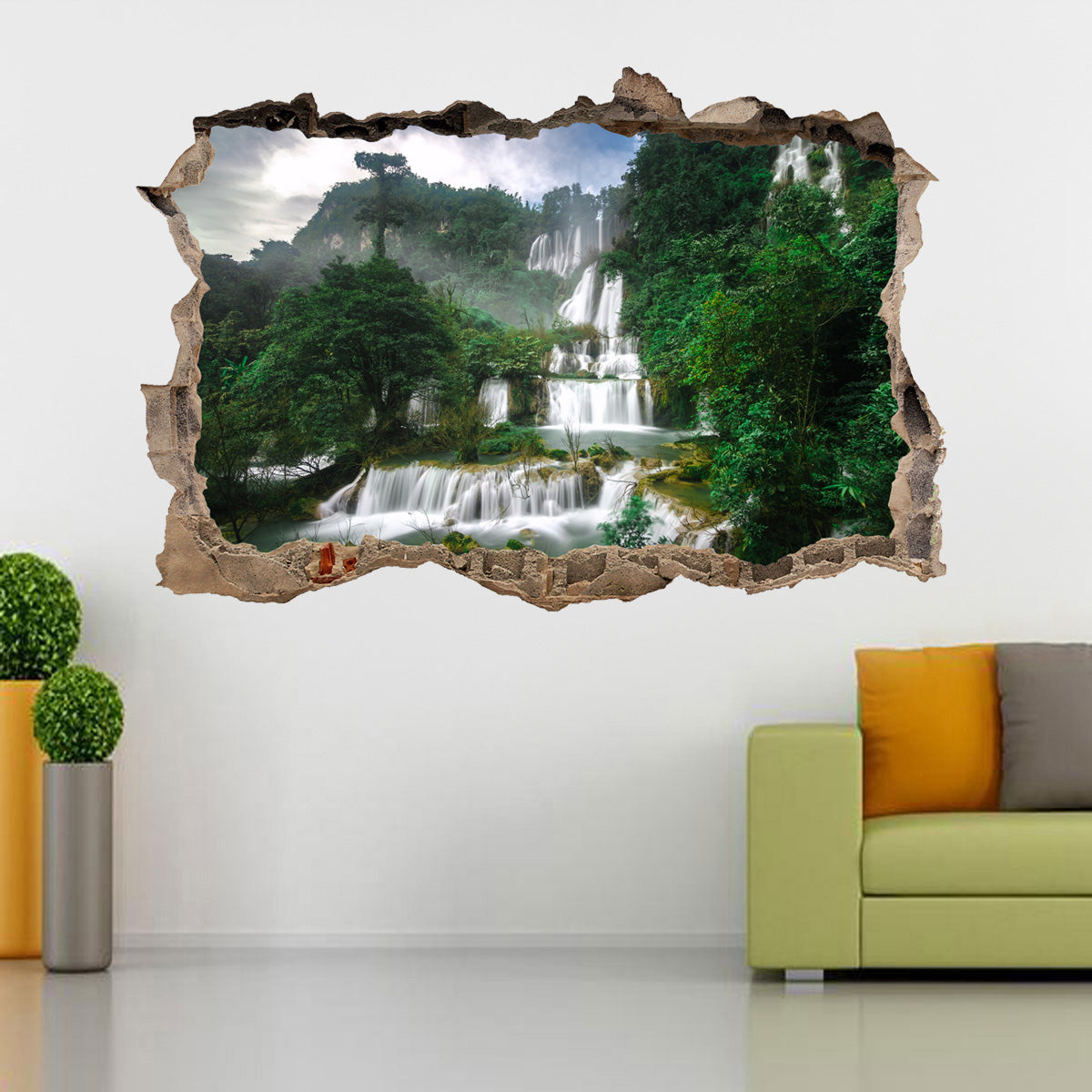 Waterfall Exotic Forest 3D Smashed Broken Decal Wall Sticker