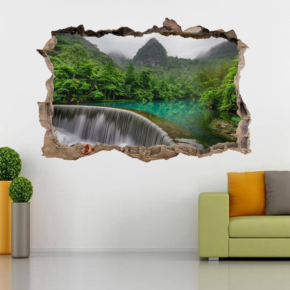 Jungle Waterfall 3D Smashed Broken Decal Wall Sticker