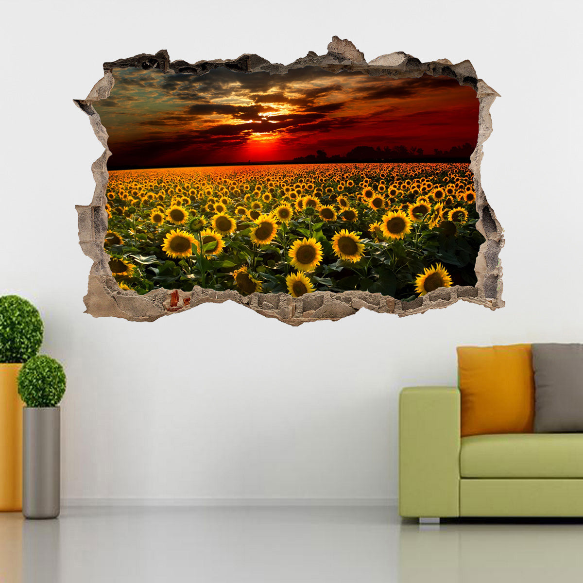 Sunflower Field Sunset 3D Smashed Broken Decal Wall Sticker