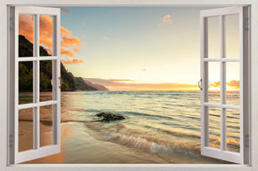 Autocollant mural de fenêtre 3D exotique coucher de soleil de plage H608