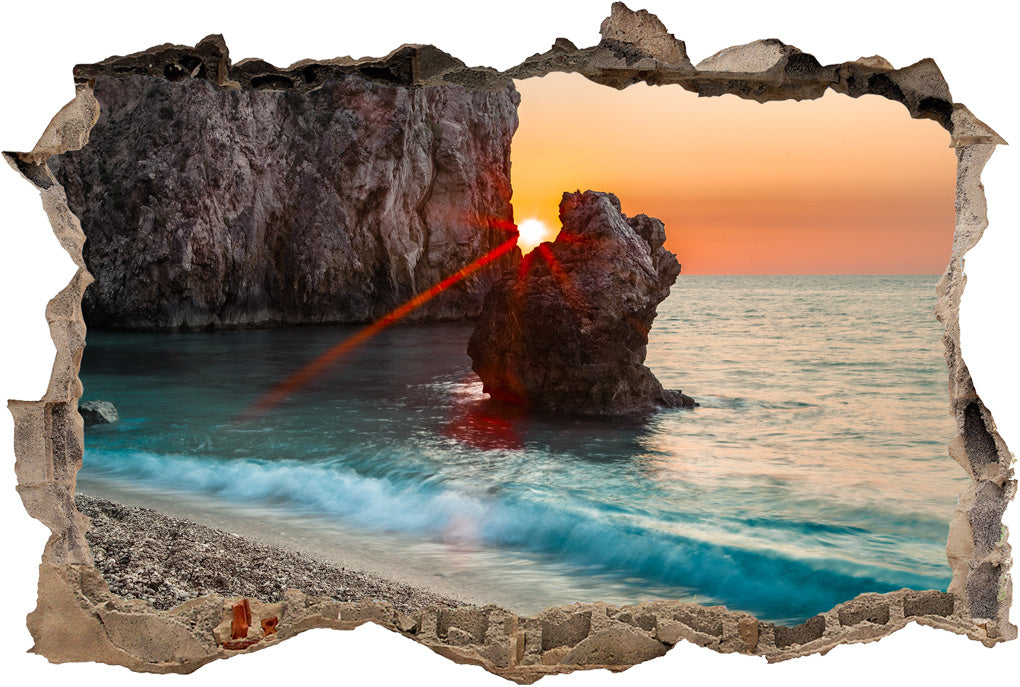 Beach Sunset 3D Smashed Broken Decal Wall Sticker