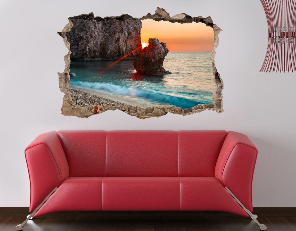 Beach Sunset 3D Smashed Broken Decal Wall Sticker