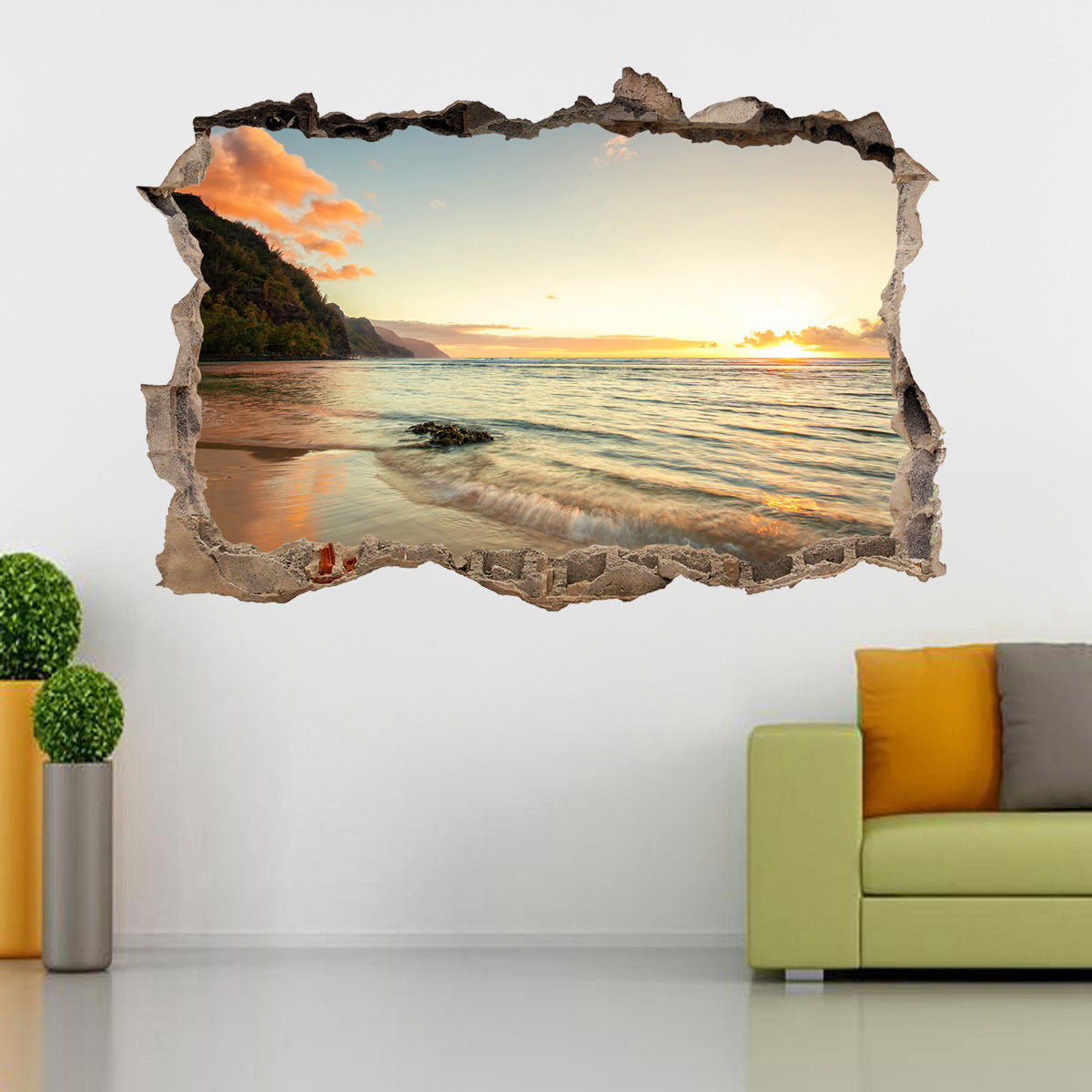 Beach Sunset 3D Smashed Broken Decal Wall Sticker