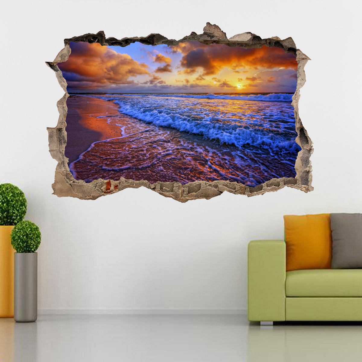 Beach Sunset 3D Smashed Broken Decal Wall Sticker