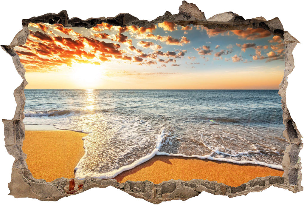 Beach Sunset 3D Smashed Broken Decal Wall Sticker