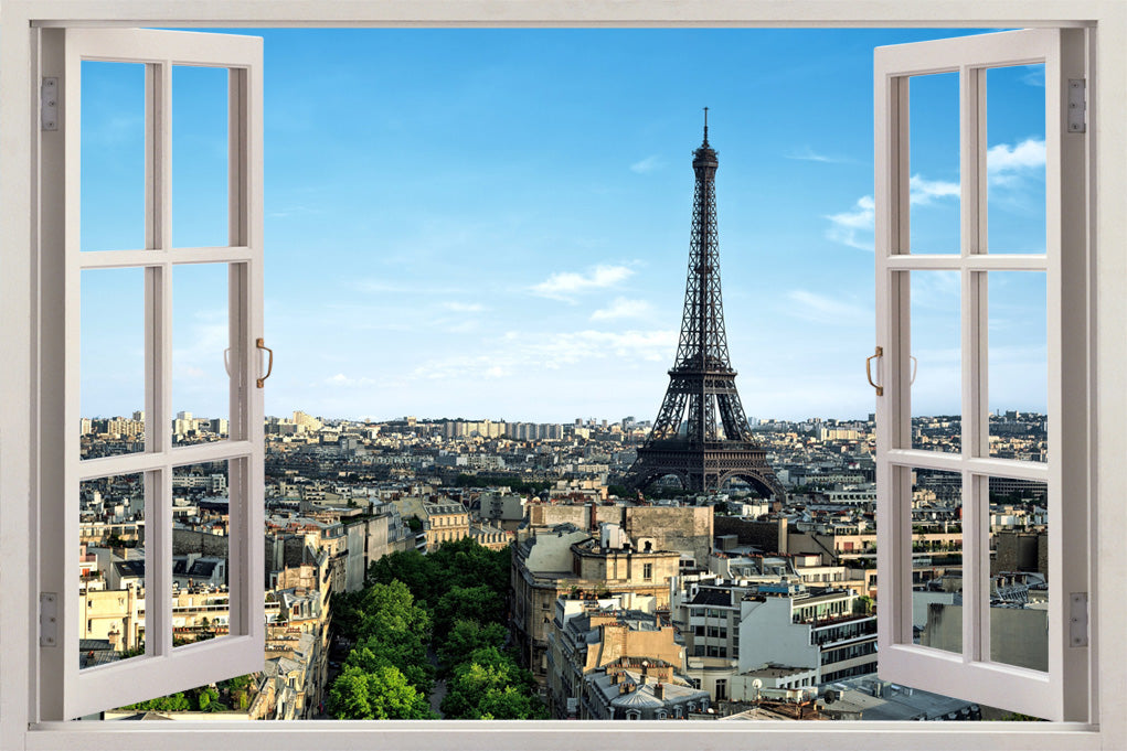 Autocollant mur de fenêtre 3D de tour Eiffel Paris