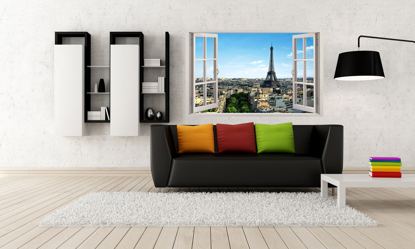 Autocollant mur de fenêtre 3D de tour Eiffel Paris
