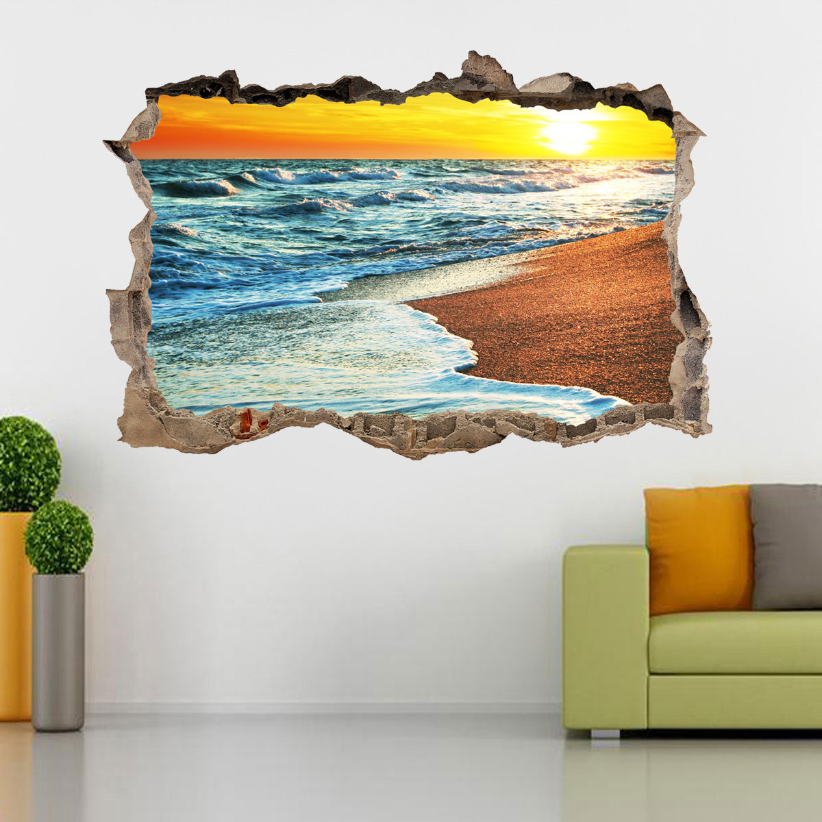 Beach Sunset 3D Smashed Broken Decal Wall Sticker
