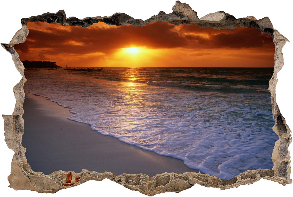 Beach Sunset 3D Smashed Broken Decal Wall Sticker
