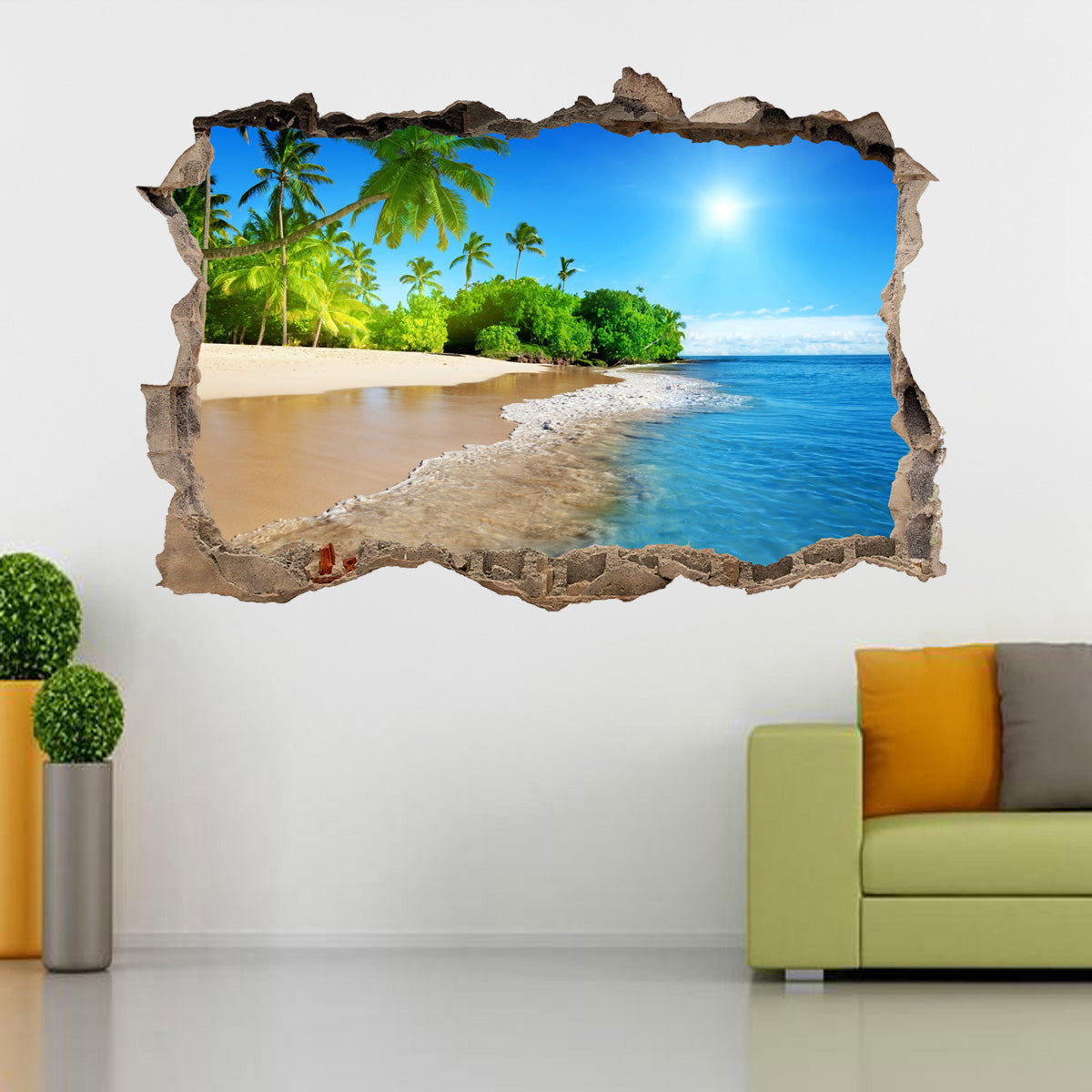 Tropical Beach 3D Smashed Broken Decal Wall Sticker
