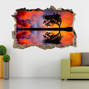 Arbres coucher de soleil 3D brisé autocollant mural autocollant cassé