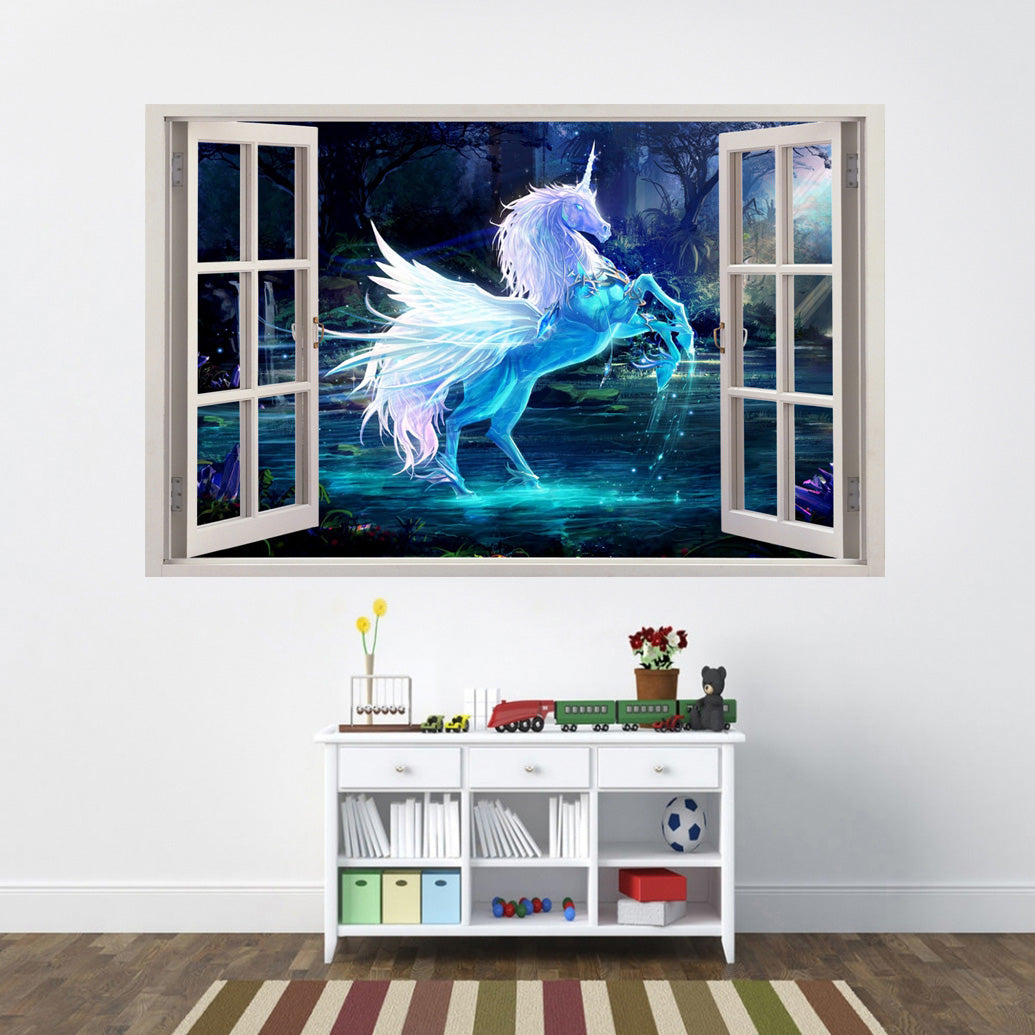 Autocollant mural de fenêtre 3D Licorne magique fantastique